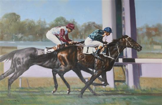 Graham Isom, oil on canvas, horse racing scene, signed, 50 x 75cm